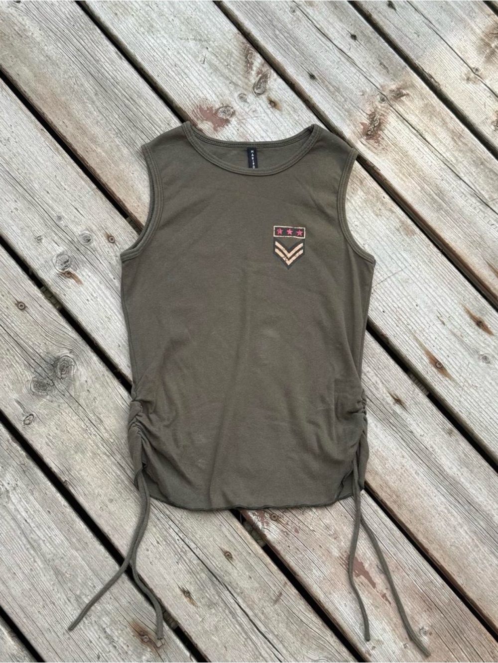 Mariposa Military green tank top with ties / ruching on the sides, and army